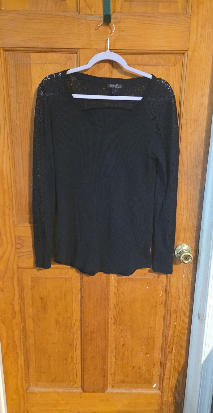 Lucky Brand Black Long Sleeve Top with Lace Shoulders
